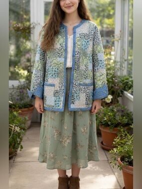 Floral Patchwork Quilted Jacket
Cottagecore Boho Blue Green Floral JacketL/XL